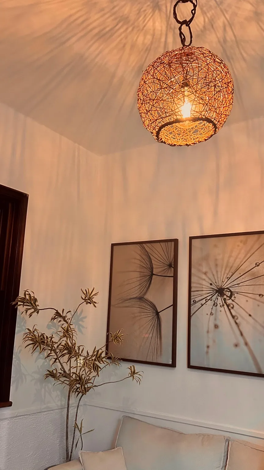 Nosso espaço: luz acolhedora de uma luminária de fibras, planta e quadros botânicos.