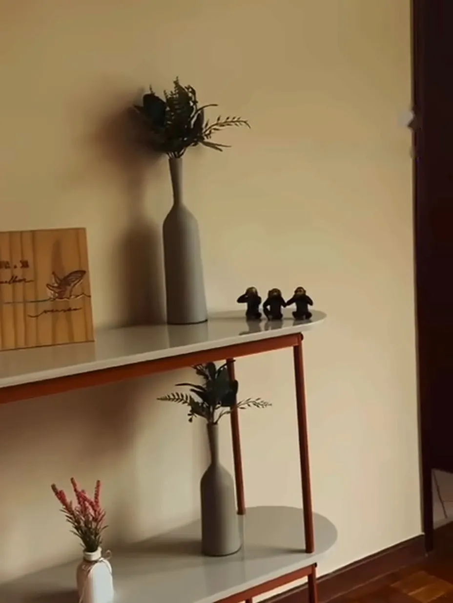 Sala coletiva com aparador, plantas e objetos.